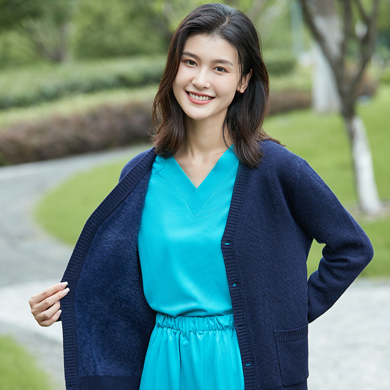 护士毛衣外套开衫藏蓝色医院医护人员外搭毛衣加绒南丁格尔工作服