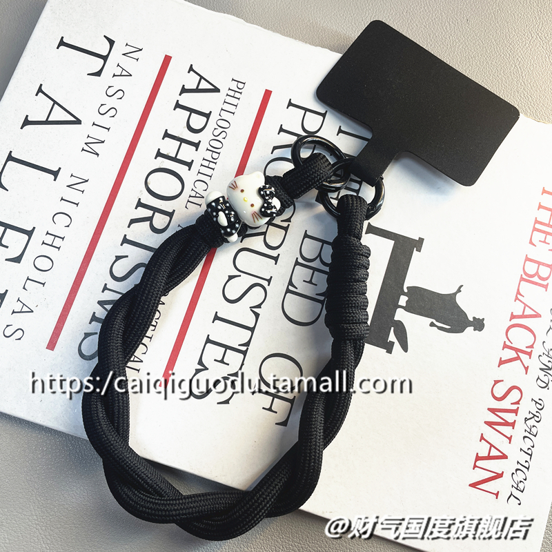 可爱立体kt猫手腕挂绳手机壳ccd相机钥匙扣包包通用挂件黑色纯色简约男女短款双扣结实挂饰拆卸挂链便携防丢