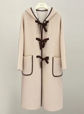 重磅纯山羊绒双面撞色提花针织连帽加厚大衣长款外套2022秋冬新品