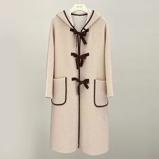 重磅纯山羊绒双面撞色提花针织连帽加厚大衣长款 外套2022秋冬新品