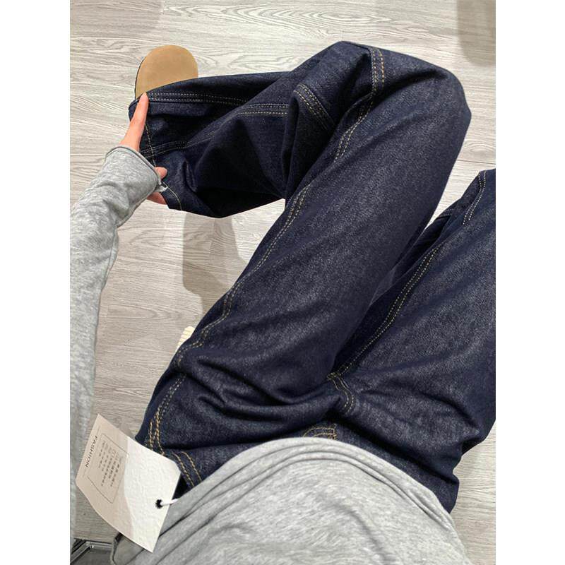 深蓝色阔腿牛仔裤女夏季新款大码胖mm梨形身材宽松显瘦高腰直筒裤