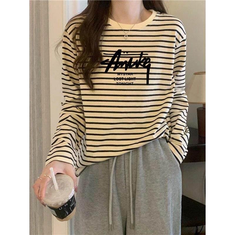 2025新款条纹长袖t恤女装韩版宽松休闲时尚百搭纯棉上衣春秋冬季