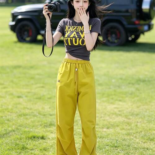 套装女2026夏新款时尚印花短袖T恤洋派上衣高腰显瘦阔腿裤两件套