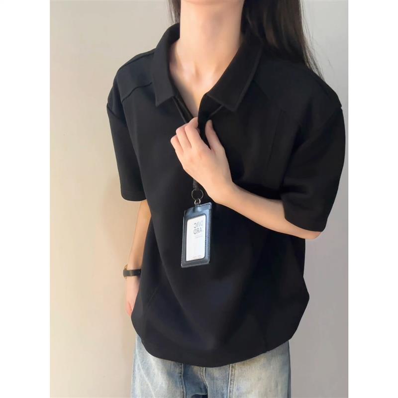 黑色翻领短袖polo衫男士夏季穿搭V领正肩T恤宽松美式重磅半袖上衣