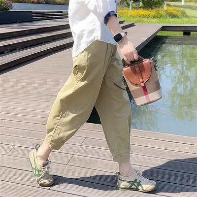 卡其色哈伦裤女2025夏季薄款高腰宽松休闲百搭小个子束脚八分裤子
