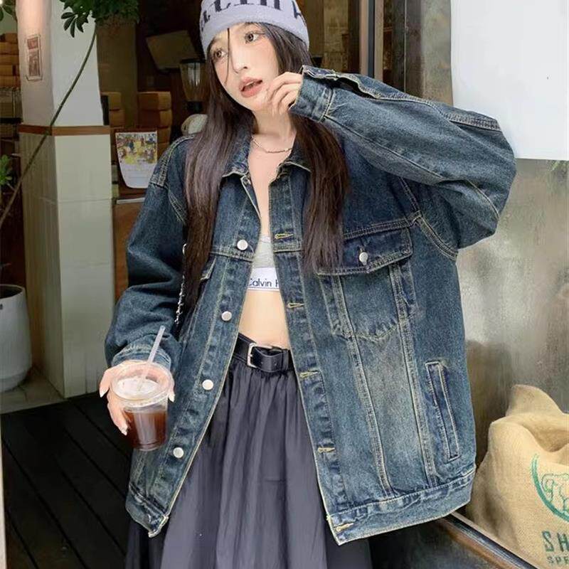 大码美式水洗做旧牛仔外套女春秋2024年新款潮流宽松长袖夹克上衣