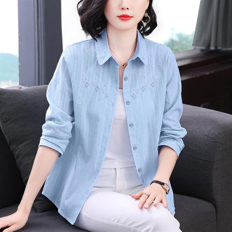 中老年时尚女装妈妈纯棉长袖衬衫女洋派上衣宽松大尺码全棉衬衫春