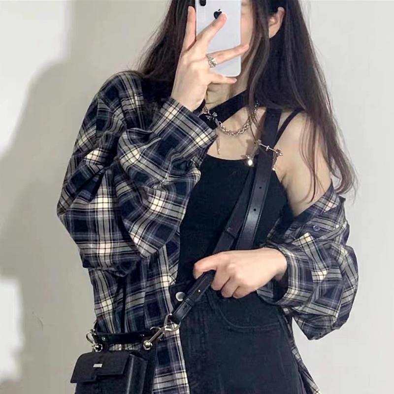 格纹港风衬衫复古冷淡风长袖防晒衬衫男款秋季开衫设计感格子外套