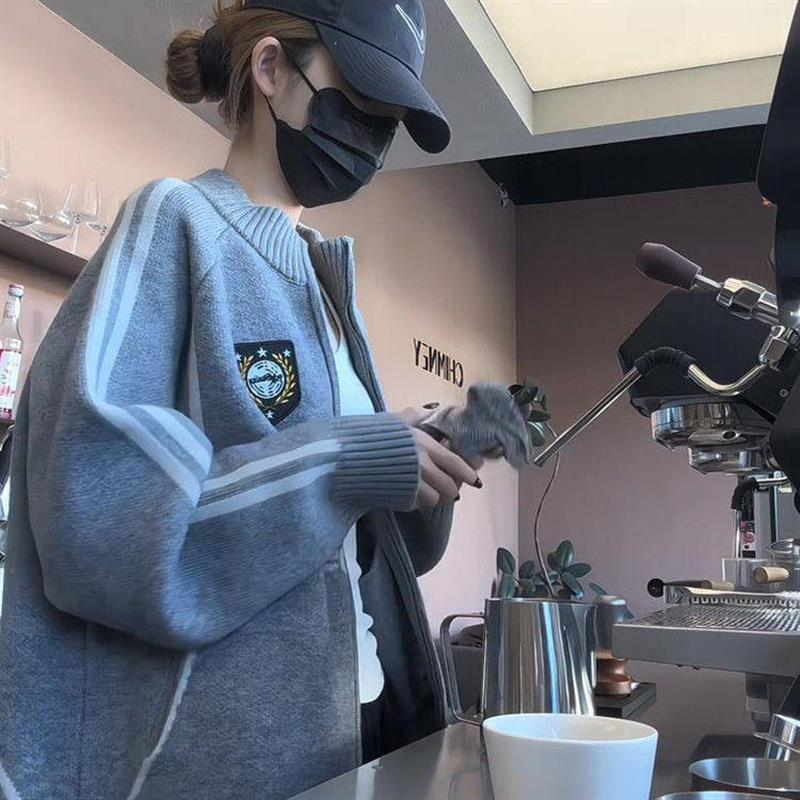 美式复古拉炼立领开衫毛衣女春秋慵懒风宽松外穿内搭针织外套上衣