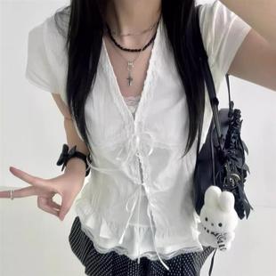 显瘦系带短袖 韩系蕾丝花边白色短袖 纯欲肌理感修身 衬衫 上衣 女夏季