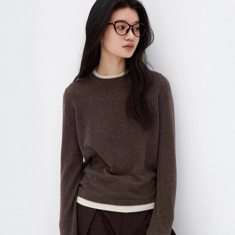 美式撞色假两件圆领羊毛针织打底衫女秋冬慵懒高级感毛衣内搭上衣