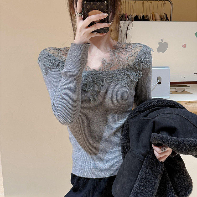 法式灰色蕾丝拼接针织打底衫女秋冬轻奢高级感内搭气质绝美小上衣,女装/女士精品,毛针织衫,淘宝优惠券,粉丝福利购,淘宝优惠卷