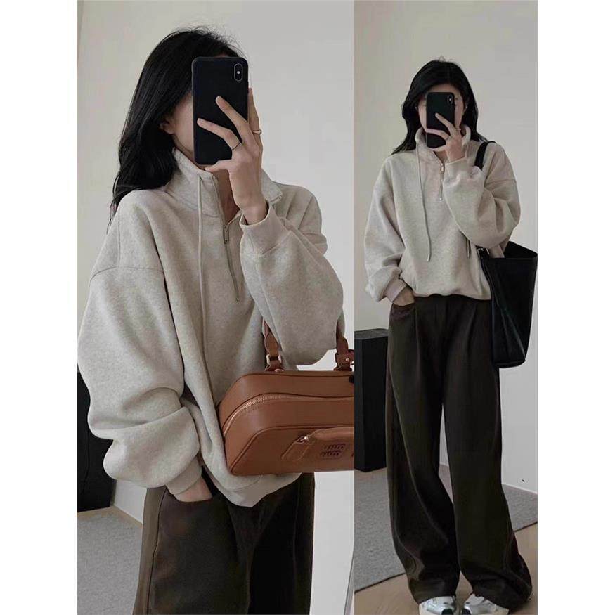 美式覆古半拉炼立领运动衫女秋冬加绒加厚宽松慵懒风松弛感短款上