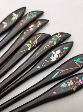 中国非遗发簪非遗原创开发设计螺钿镶嵌漆艺彩绘黑檀发簪古风盘发