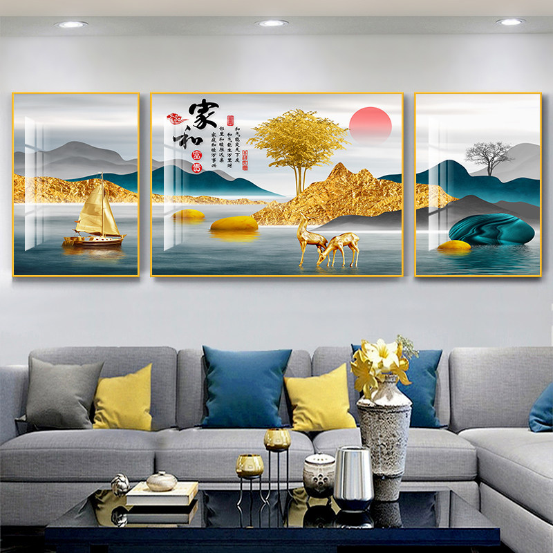 2026年新款高级感客厅装饰画沙发背景墙山水风景挂画三联壁画轻奢