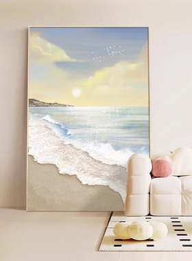奶油风海景客厅装饰画肌理画高级感大幅落地画玄关挂画卧室墙壁画