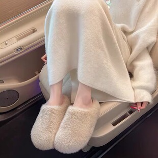 爆款 懒人一脚蹬办公室棉拖增高厚底居家室内一字拖女 包头毛毛拖鞋