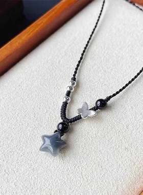 【原创】小星星仿银蝴蝶黑珠手工编织星星项链小众项链