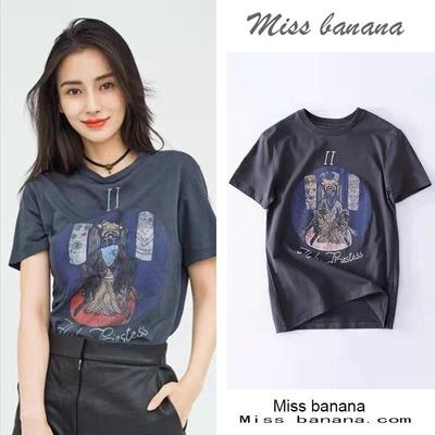 赵丽颖夏季明星同款短袖T恤女纯棉深灰色复古塔罗牌印花上衣潮牌