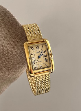 IEKE 经典长方形罗马刻度手表女复古金色手表女上班族麦穗石英表