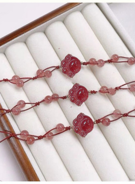 可爱猫爪天然情侣桃花草莓编织水晶手工手链手绳闺蜜送女友礼物