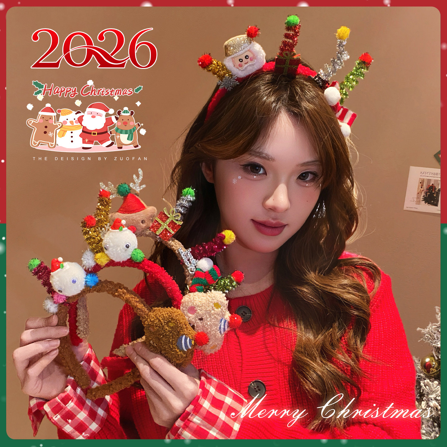 圣诞节可爱毛茸茸扭扭棒发箍女创意红色麋鹿装扮头箍拍照头饰发卡