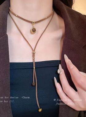 美拉德圆形吊坠皮绳项链女