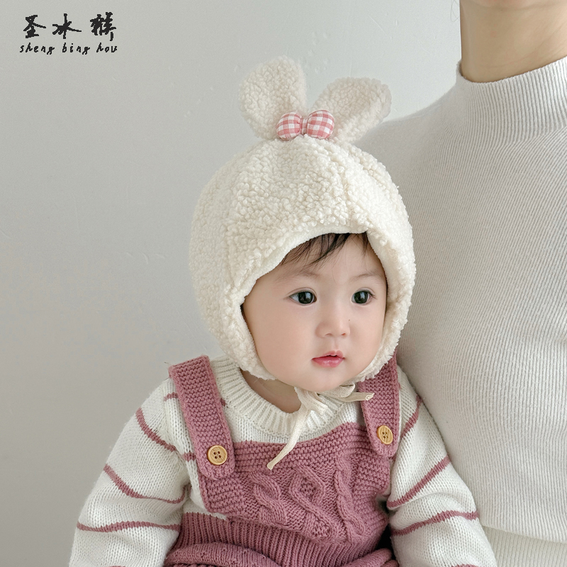 韩版宝宝套头帽子秋冬季加厚毛绒可爱兔子防风帽男女婴幼儿护耳帽