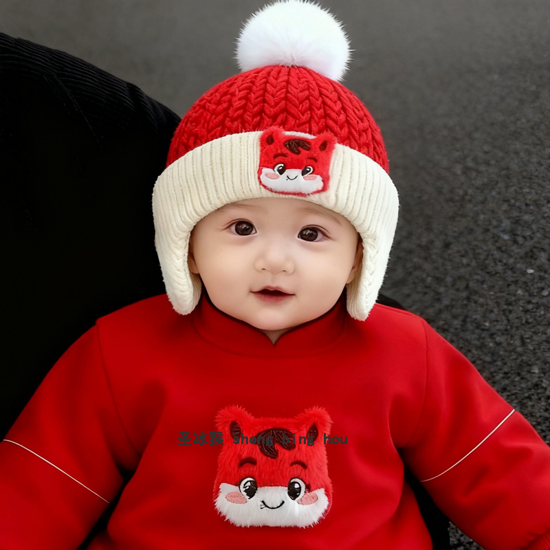 韩系宝宝帽子可爱新年红色帽秋冬季超萌加厚针织护耳帽男女婴幼儿