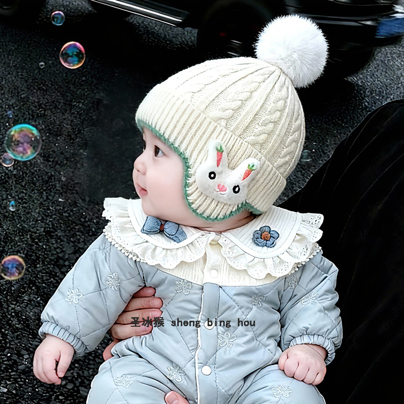 韩版宝宝帽子可爱兔子护耳加厚针织毛线帽男女婴幼儿外出保暖防风