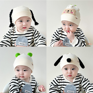 婴儿帽子宝宝新生儿纯棉可爱假发辫子胎帽护卤门套头帽男女春秋冬