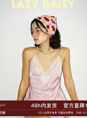 Lazy Daisy睡裙 Rosè法式玫瑰花园粉睡衣镂空蕾丝拼接吊带短裙