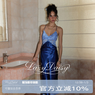 法式 Catherine系列 浪漫蕾丝拼接缎面吊带长睡裙睡衣 Daisy Lazy