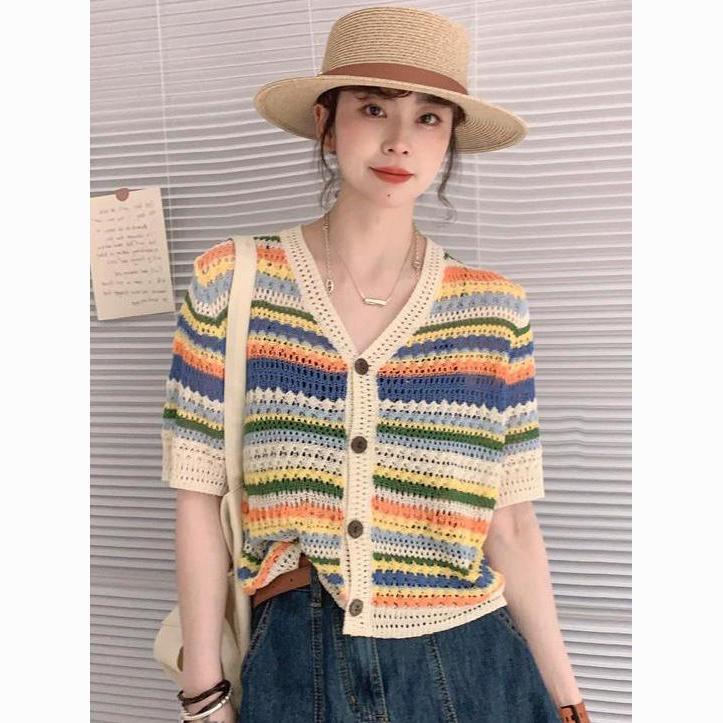 薄款夏季宽松新款短袖彩色条纹镂空针织针织衫上衣女装显瘦开衫