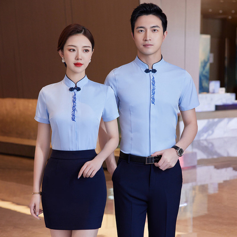 中式立领衬衫男女夏季短袖五星酒店前台服务员工作服高档餐厅制服
