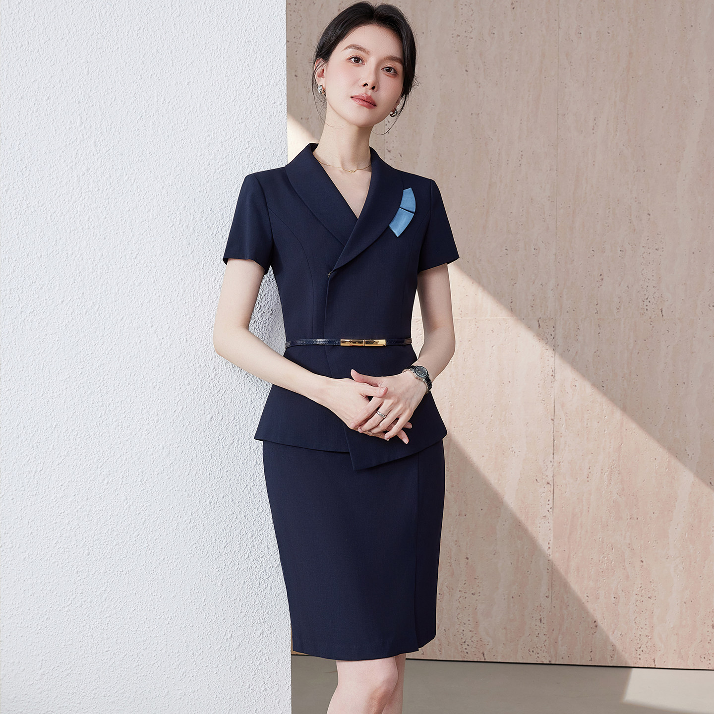 短袖职业西装套装女夏季薄款酒店前台接待工装珠宝导购客服工作服