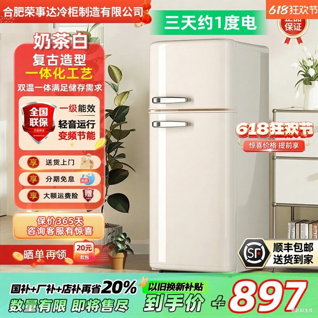 荣事达时代潮高颜值复古小冰箱单门双门家用冷冻冷藏静音一级能效