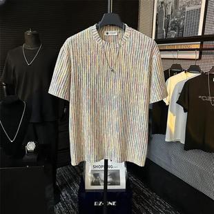 ZH男士 轻奢男H装 Q夏季 老钱风提花彩虹肌理感设计Q冰感棉圆领短袖