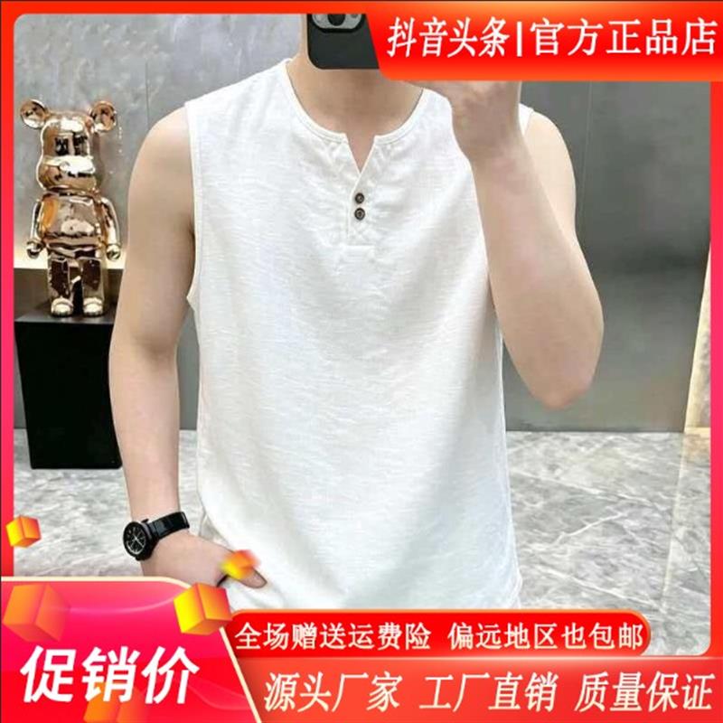 北嘉服饰老钱风高档亚麻夏季薄款男无袖V领背心宽松凉爽时尚无袖