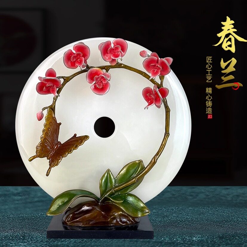 优邸兰花天然玉石纯铜摆件新中式手工原创家居装饰品客厅开业送礼