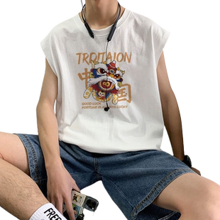 潮牌痞帅纯棉无袖t恤男款夏季美式hiphop高街运动健身汗背心坎肩