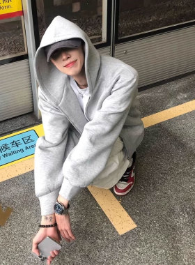 加绒加厚拉链连帽卫衣男士秋冬2026新款ins潮牌oversize开衫外套