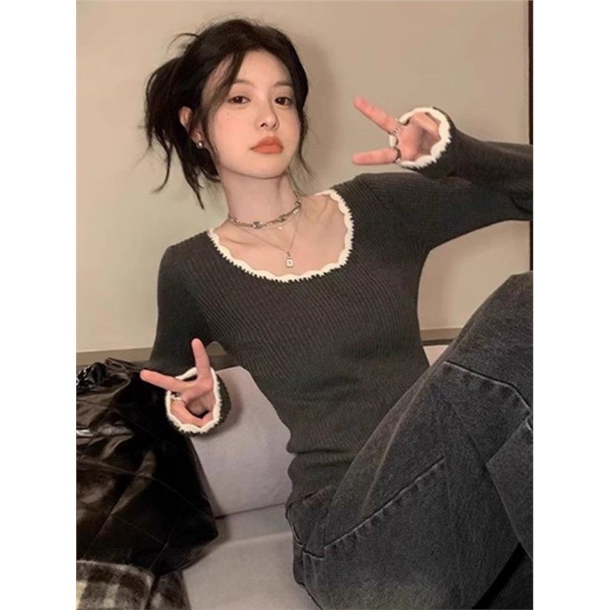 撞色花边miu系针织衫秋冬修身方领高级感打底毛衣女时髦内搭上衣