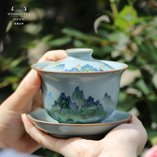 问鼎汝窑澜清三才盖碗高档景德镇汝瓷泡茶碗青瓷中式手工茶具陶瓷