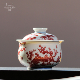 问鼎松竹梅二才盖碗手绘功夫茶盖碗景德镇高档个人专用泡茶碗陶瓷