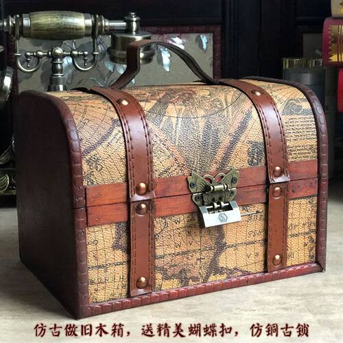 仿古航海图藏宝箱复古箱做旧老式木箱带锁小箱子防盗儿童宝箱欧式