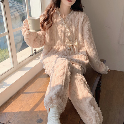 睡衣女秋冬季长袖加厚珊瑚绒甜美可爱公主风花边家居服两件套冬天