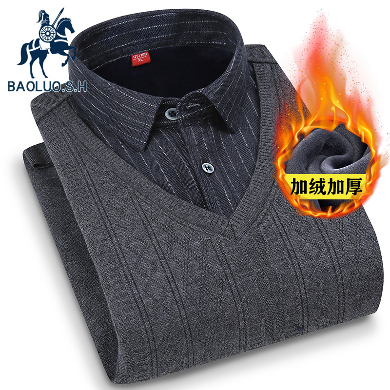 保罗冬季假两件保暖衬衫男中年爸爸装长袖针织衫青年加绒加厚衬衣
