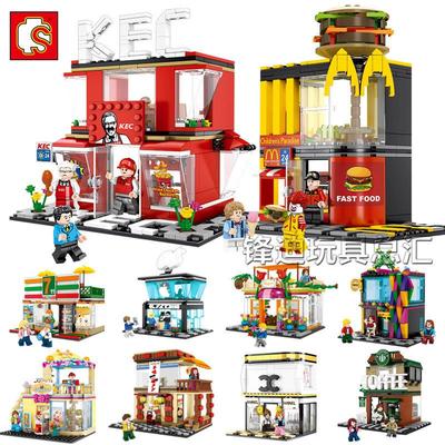 森宝街景系列汉堡店炸鸡店咖啡店便利店小颗粒拼装积木601017-24