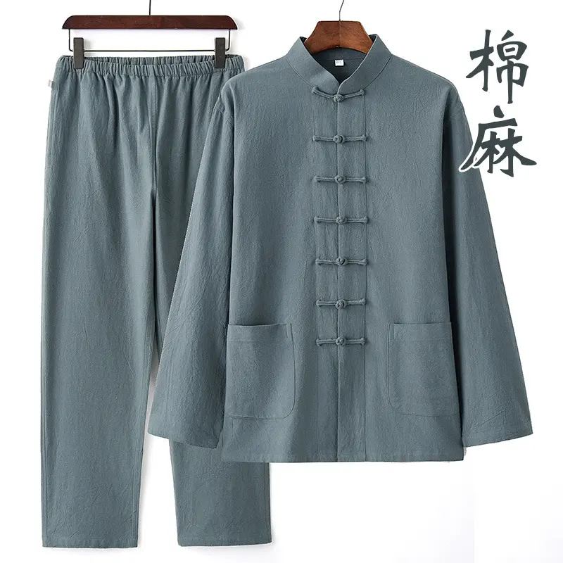 唐装男青年棉麻套装春秋亚麻